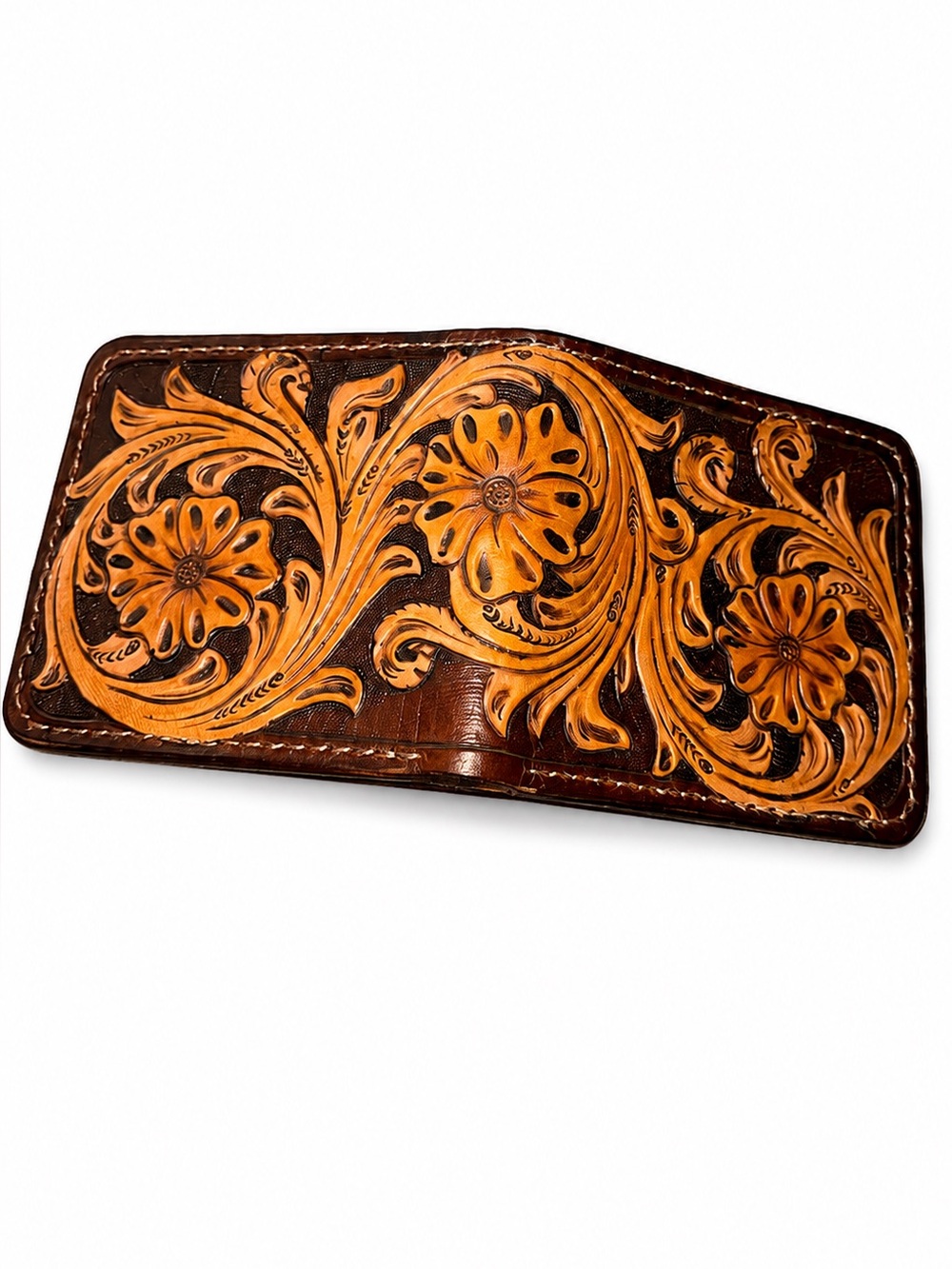 Hand-Tooled Leather Bifold Wallet Basketweave Design Brown floral